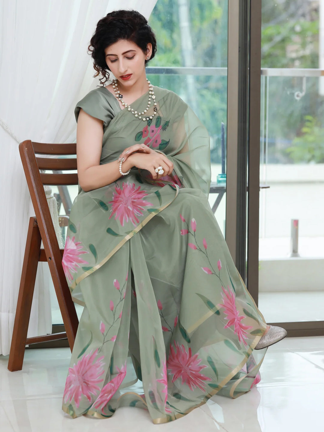 Elegant Sage Green Organza Saree - Pink Floral Print