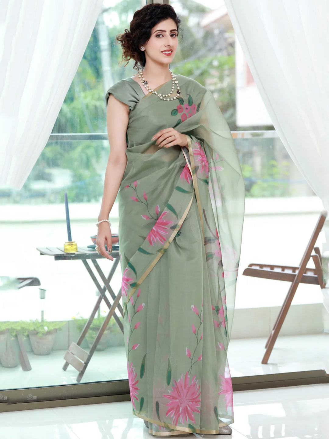 Elegant Sage Green Organza Saree - Pink Floral Print