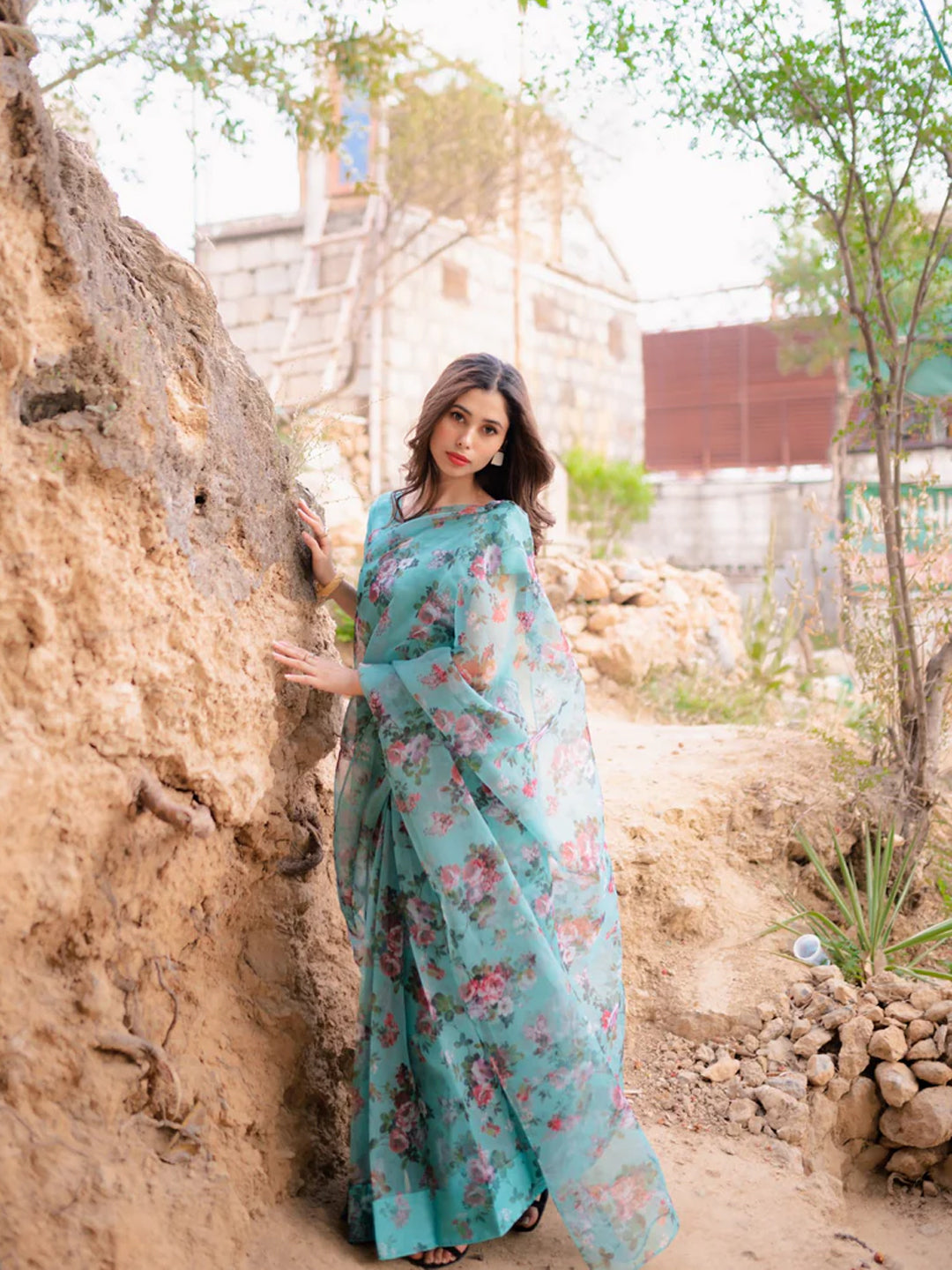 Beautiful Turquoise Organza Saree - Vibrant Floral Print