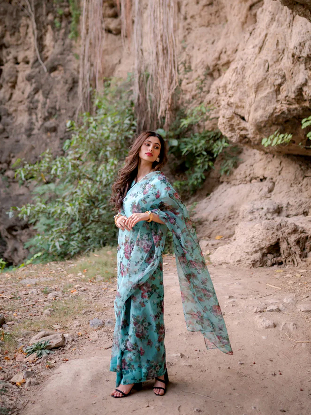 Beautiful Turquoise Organza Saree - Vibrant Floral Print