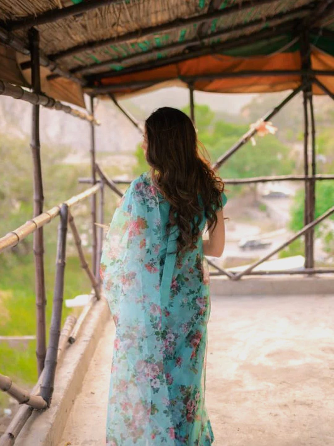 Beautiful Turquoise Organza Saree - Vibrant Floral Print