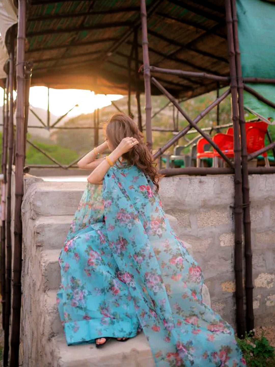 Beautiful Turquoise Organza Saree - Vibrant Floral Print