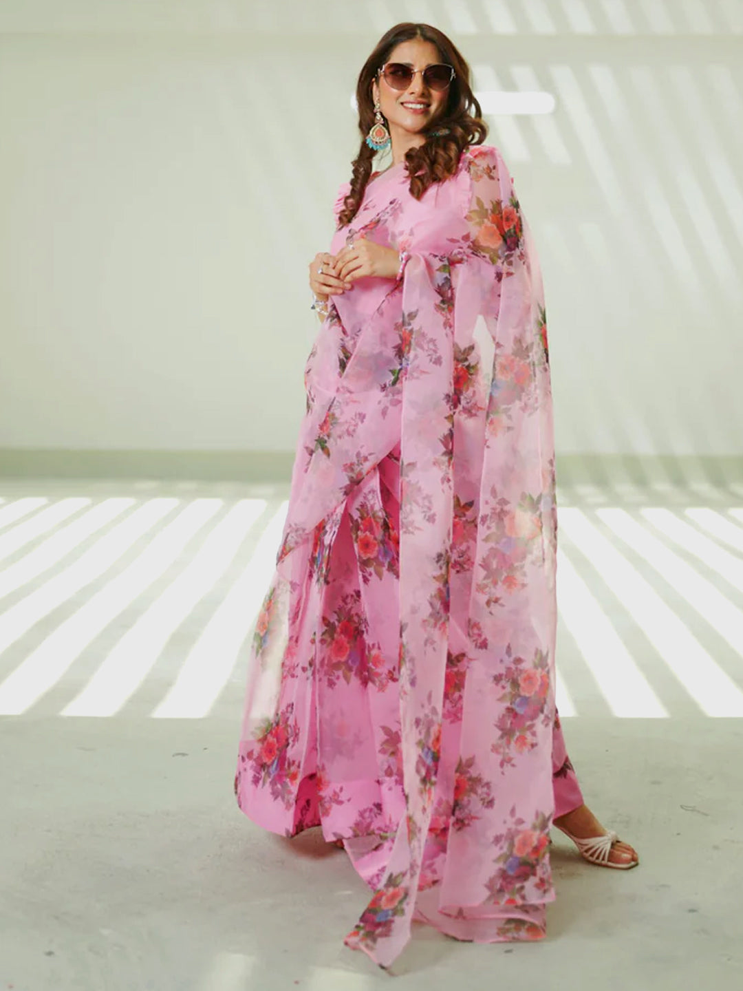 Gorgeous Pink Organza Saree - Vibrant Floral Print