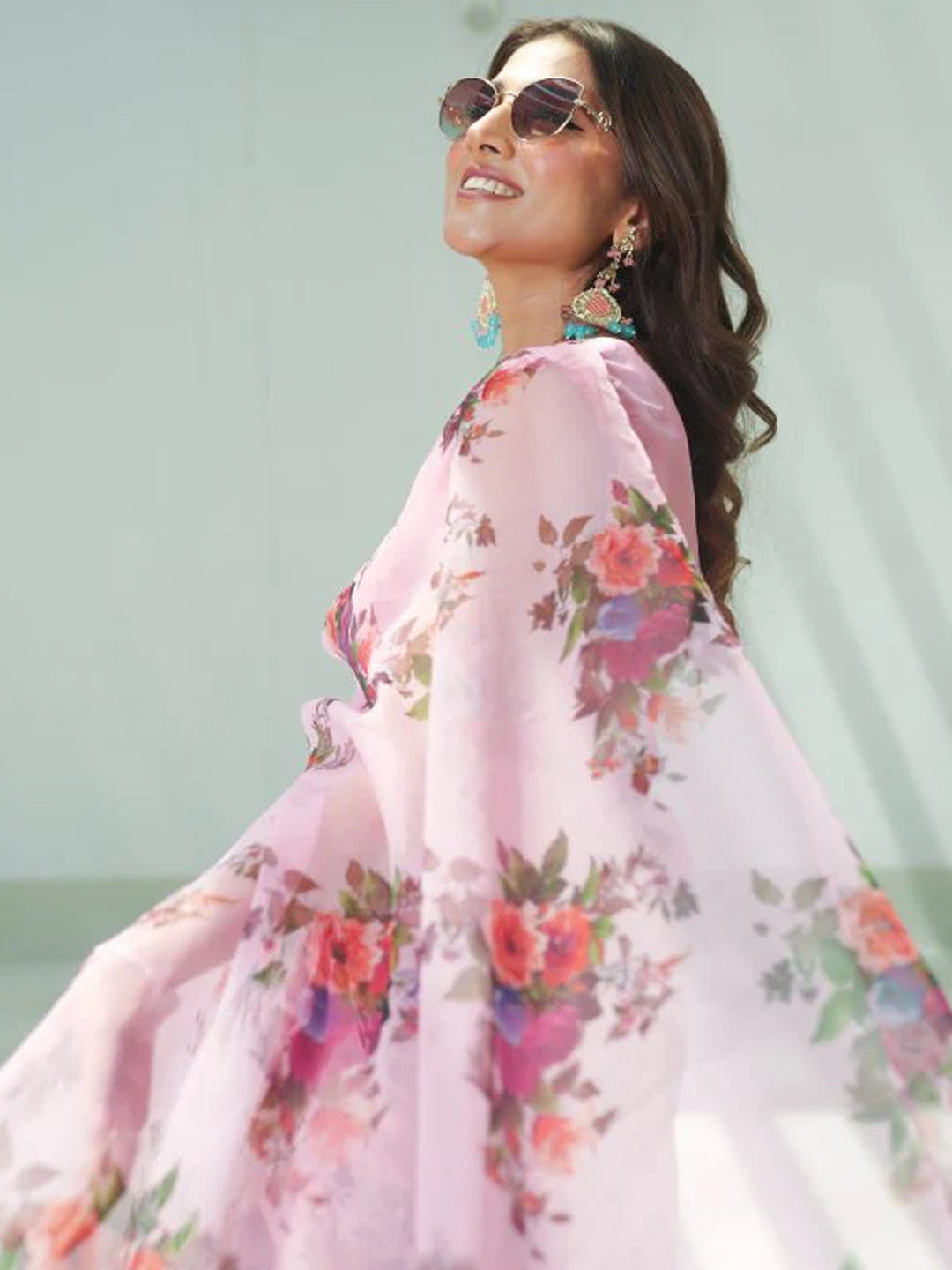 Gorgeous Pink Organza Saree - Vibrant Floral Print