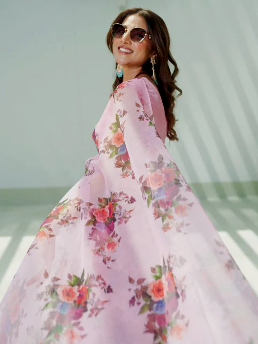 Gorgeous Pink Organza Saree - Vibrant Floral Print