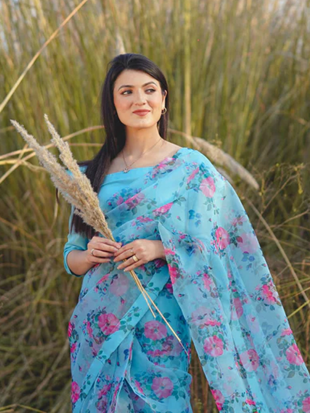 Stunning Sky Blue Organza Saree - Pink Floral Print