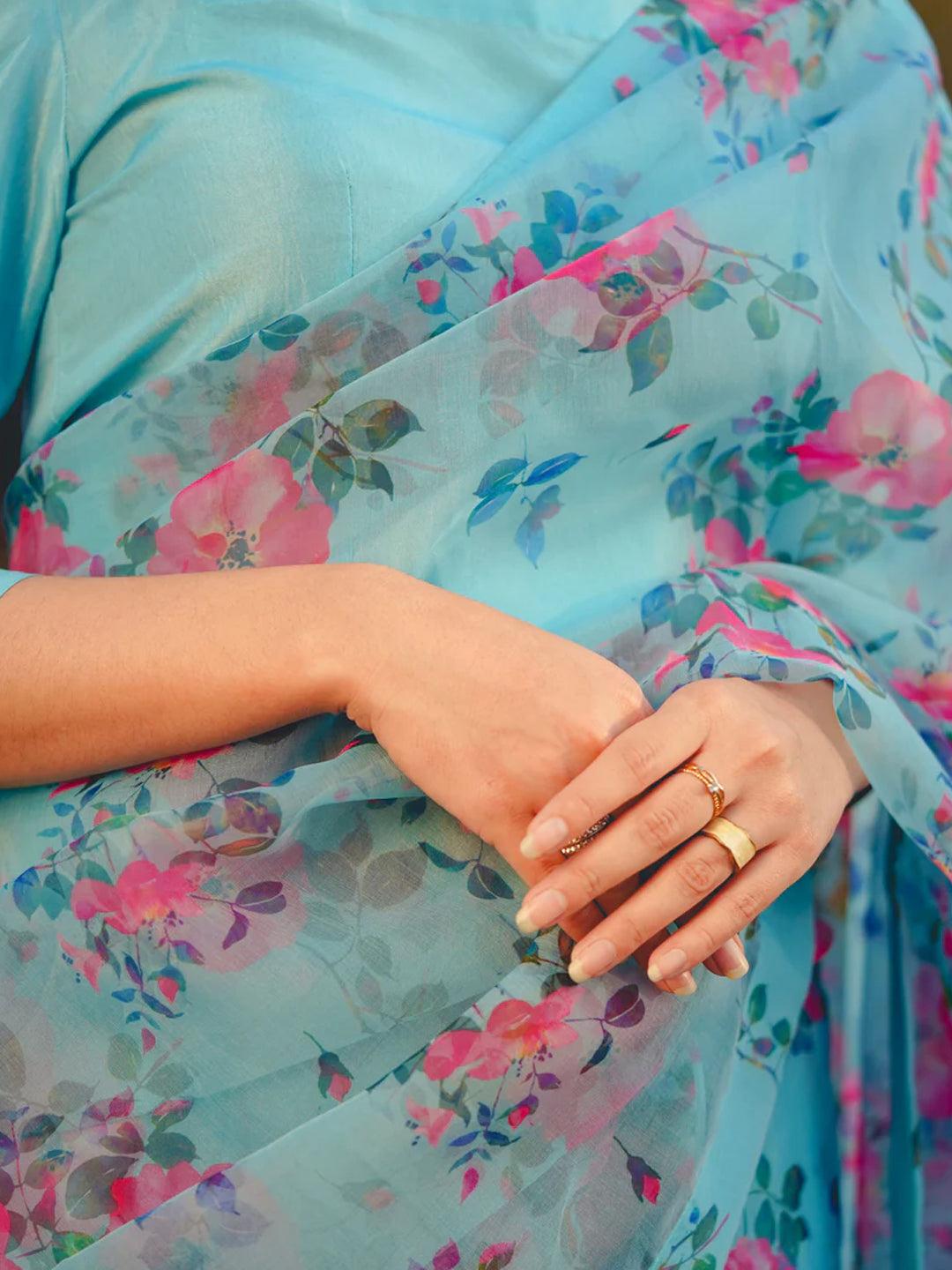 Stunning Sky Blue Organza Saree - Pink Floral Print
