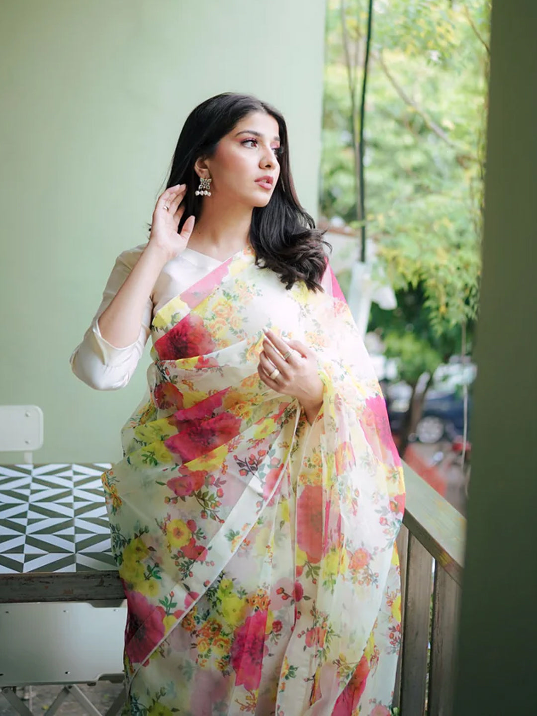 Elegant White Organza Saree - Multicolor Floral Print