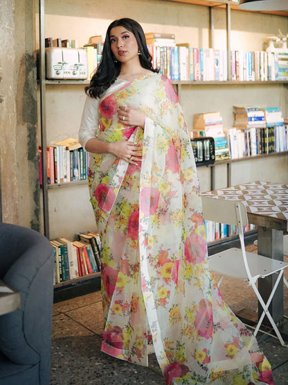 Elegant White Organza Saree - Multicolor Floral Print