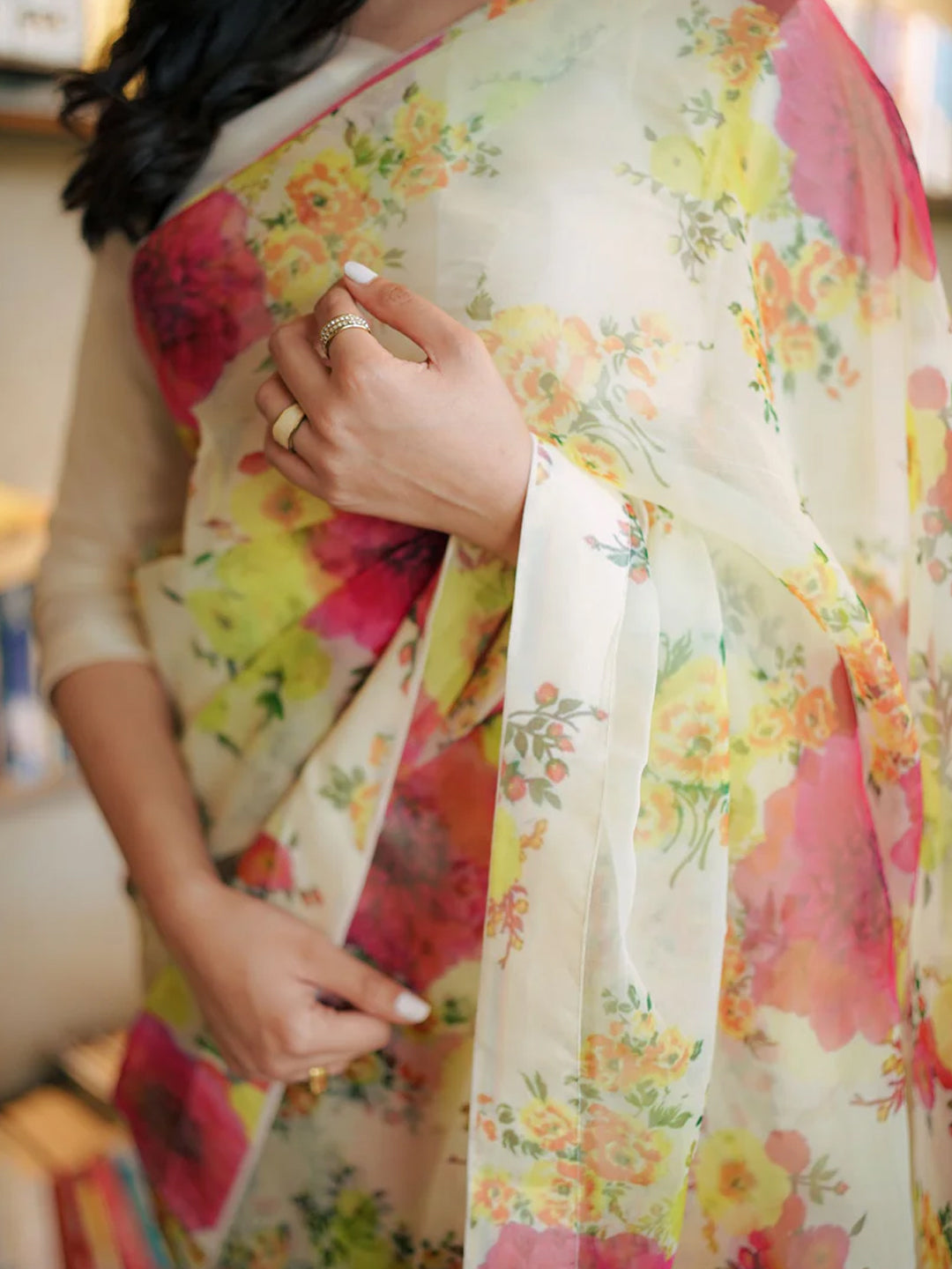 Elegant White Organza Saree - Multicolor Floral Print