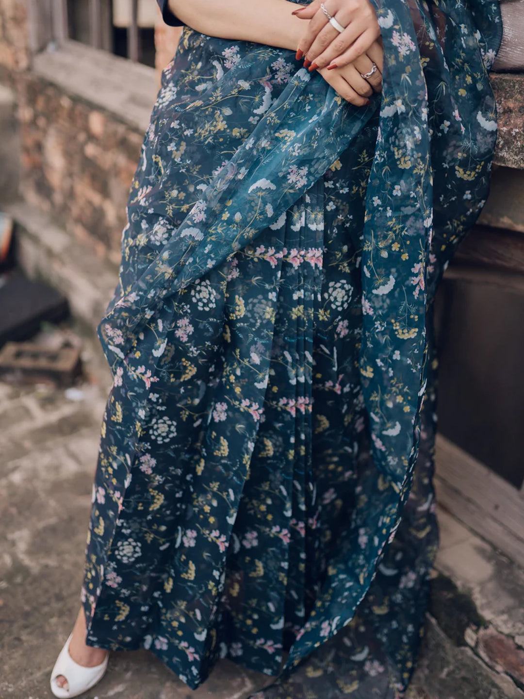 Sophisticated Navy Blue Organza Saree - Delicate Floral Print