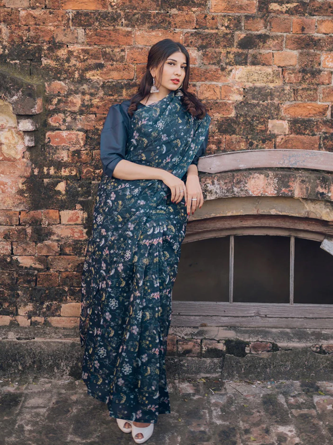 Sophisticated Navy Blue Organza Saree - Delicate Floral Print