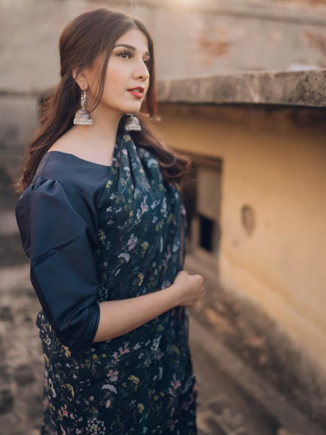 Sophisticated Navy Blue Organza Saree - Delicate Floral Print