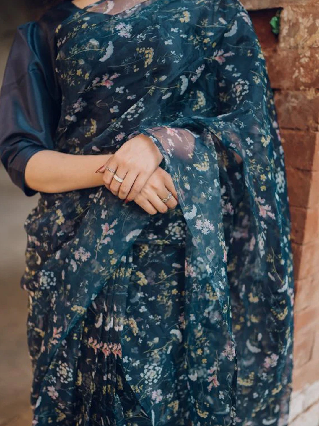 Sophisticated Navy Blue Organza Saree - Delicate Floral Print