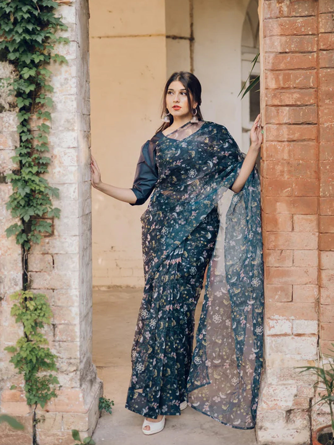 Sophisticated Navy Blue Organza Saree - Delicate Floral Print