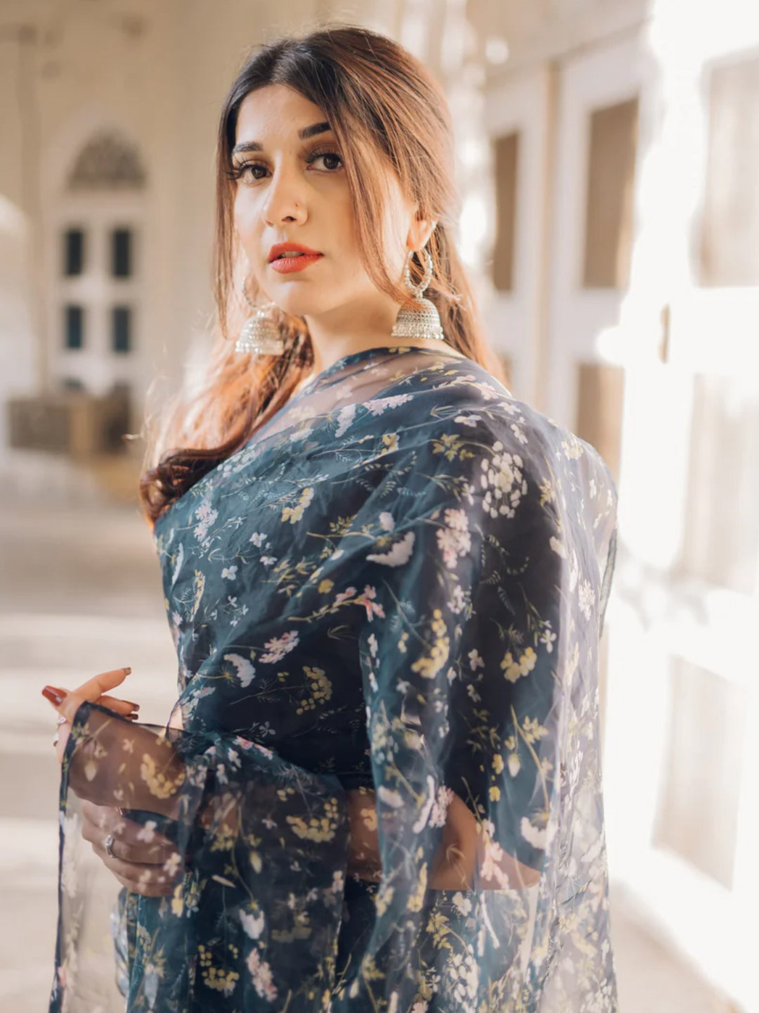 Sophisticated Navy Blue Organza Saree - Delicate Floral Print