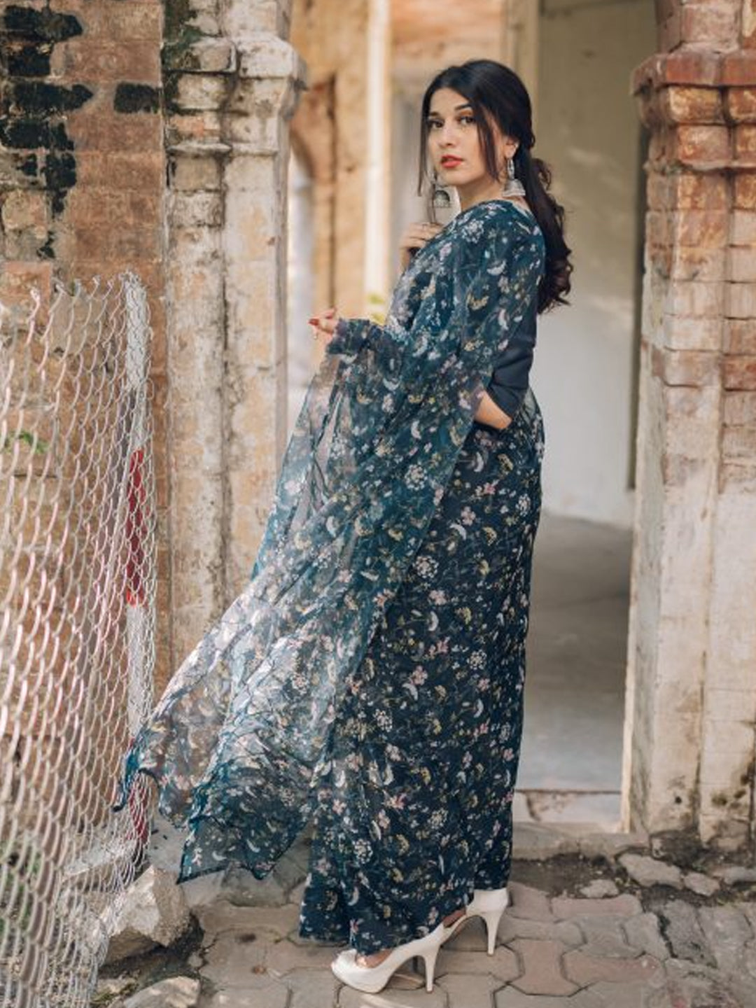 Sophisticated Navy Blue Organza Saree - Delicate Floral Print