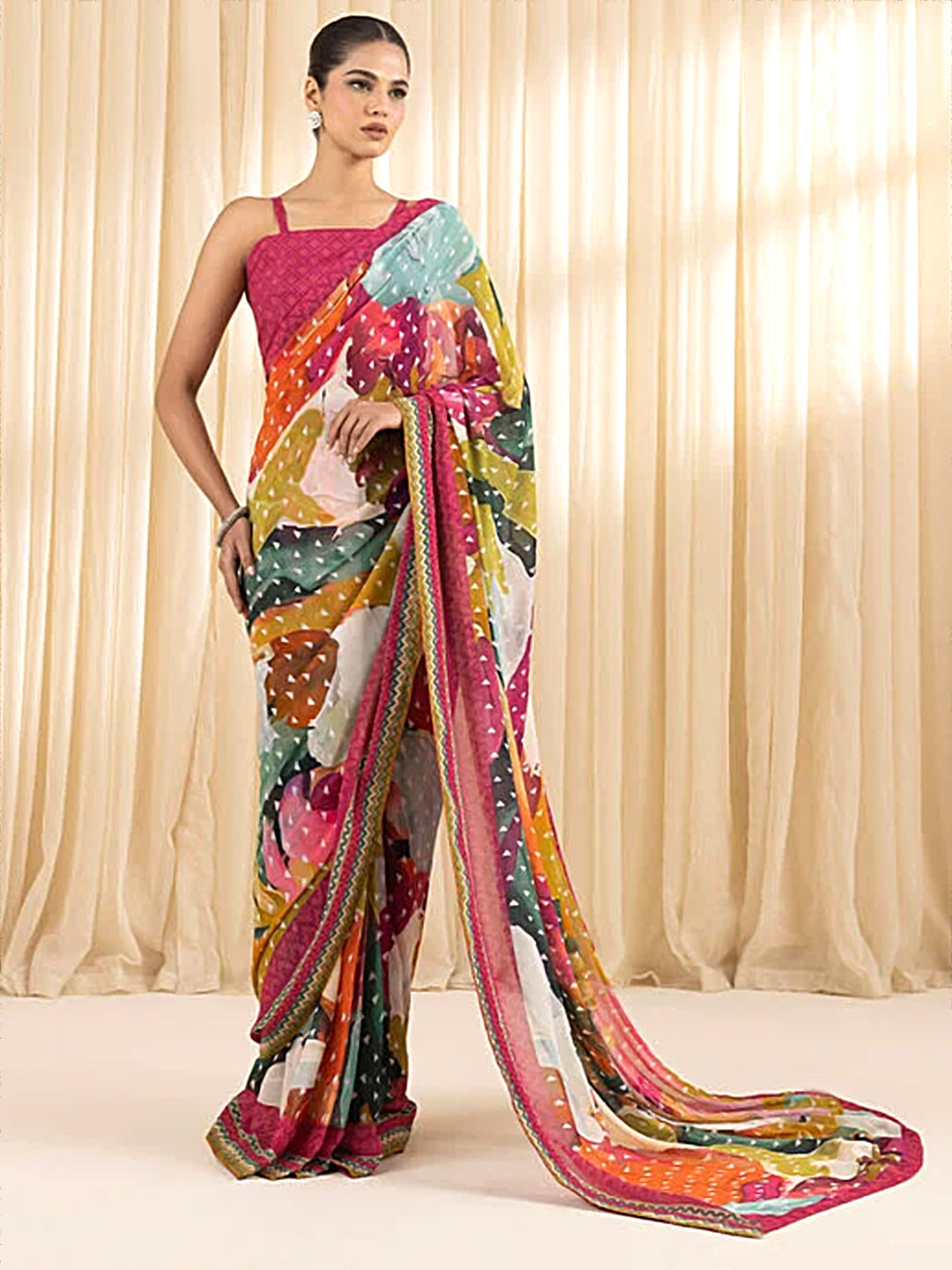 Multicolor Printed Colorblock Silk Blend Saree - Geometric Saree