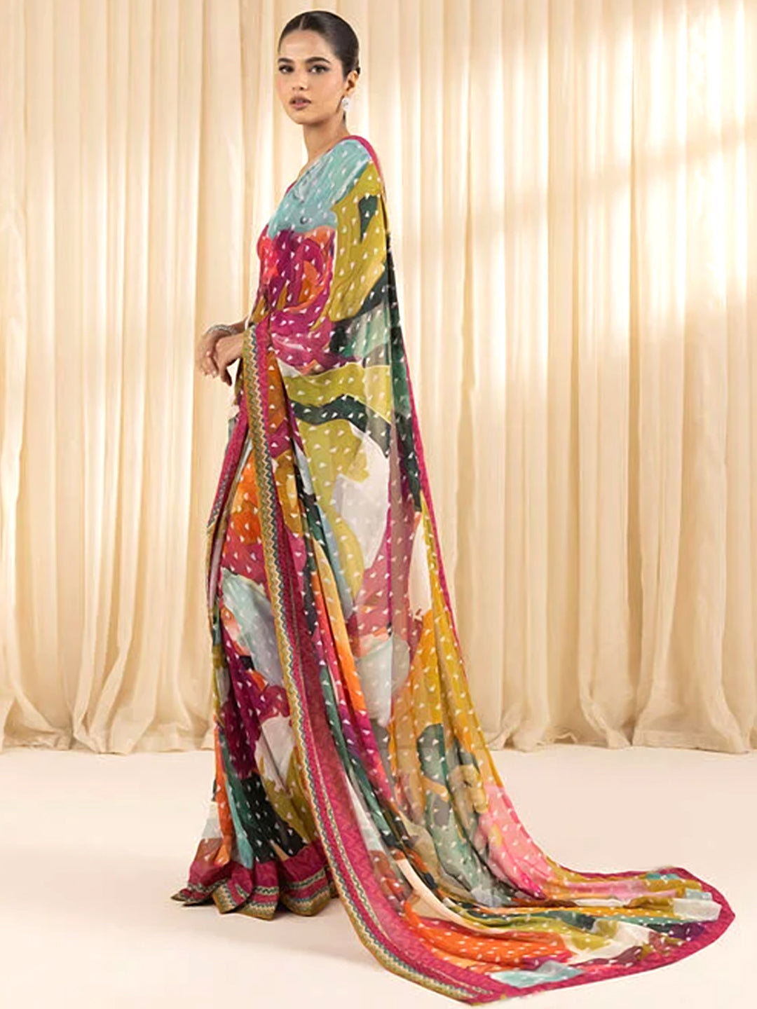 Multicolor Printed Colorblock Silk Blend Saree - Geometric Saree