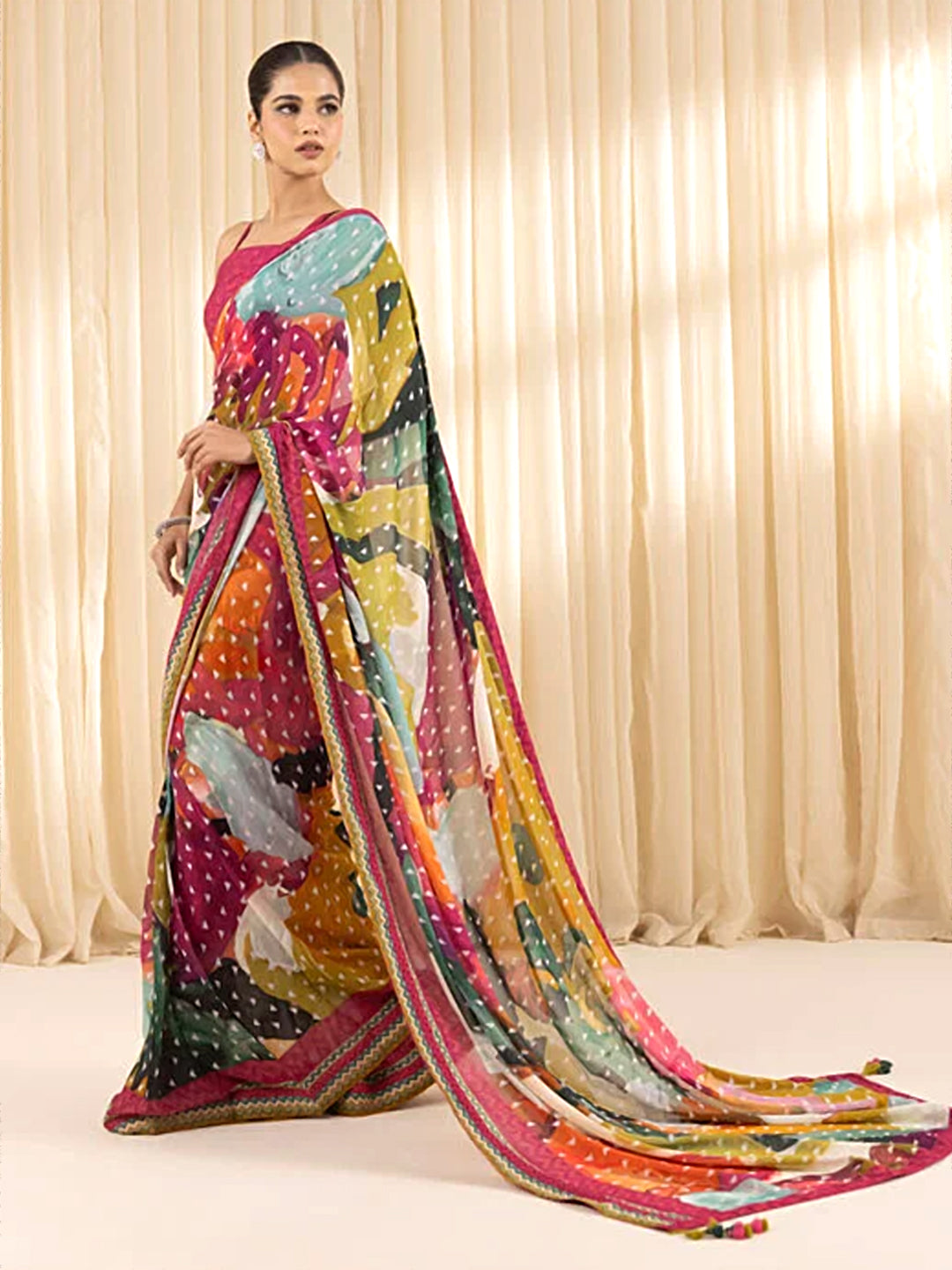 Multicolor Printed Colorblock Silk Blend Saree - Geometric Saree
