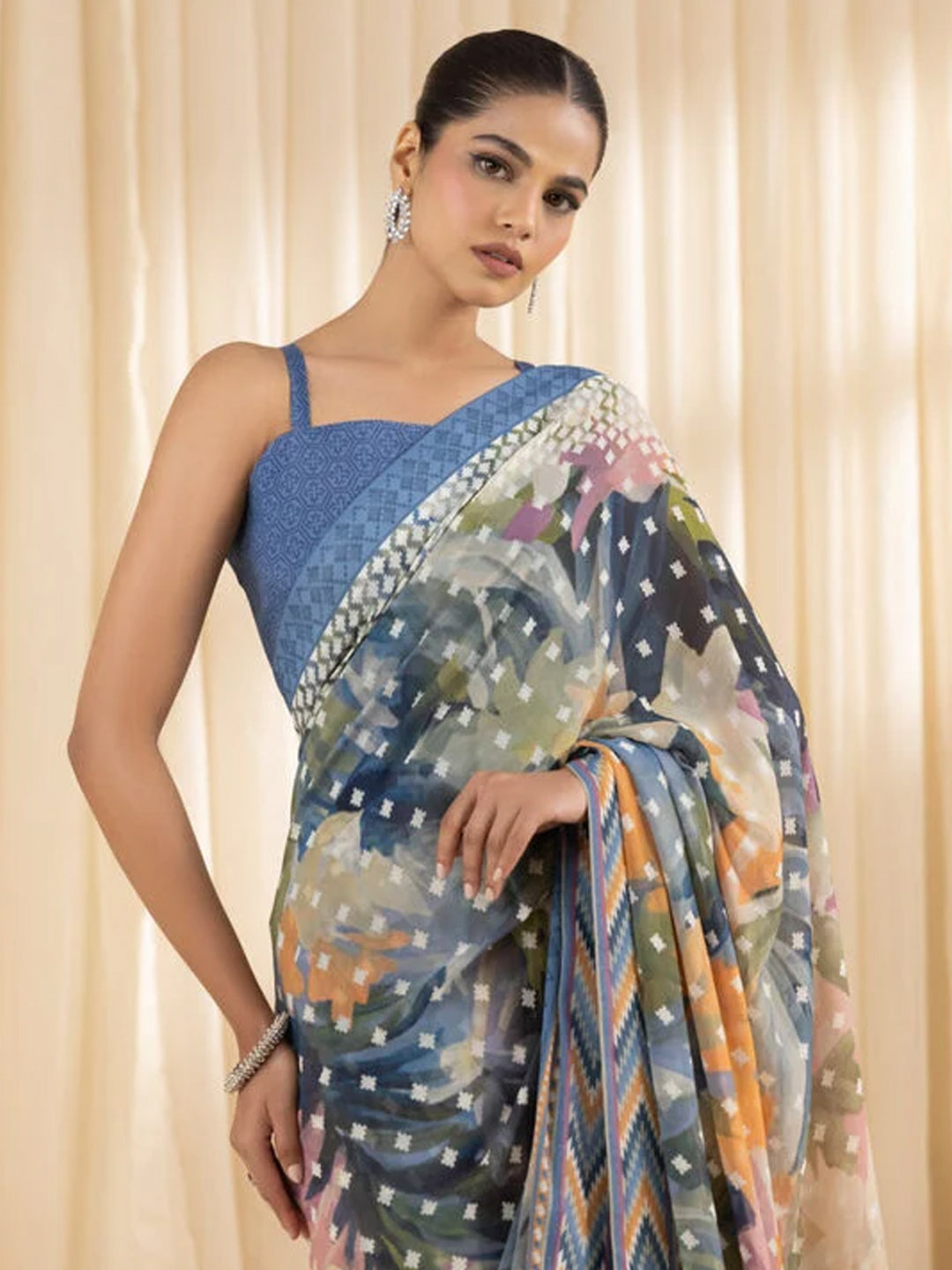 Printed Chevron Silk Blend Saree - Multicolor Geometric Saree