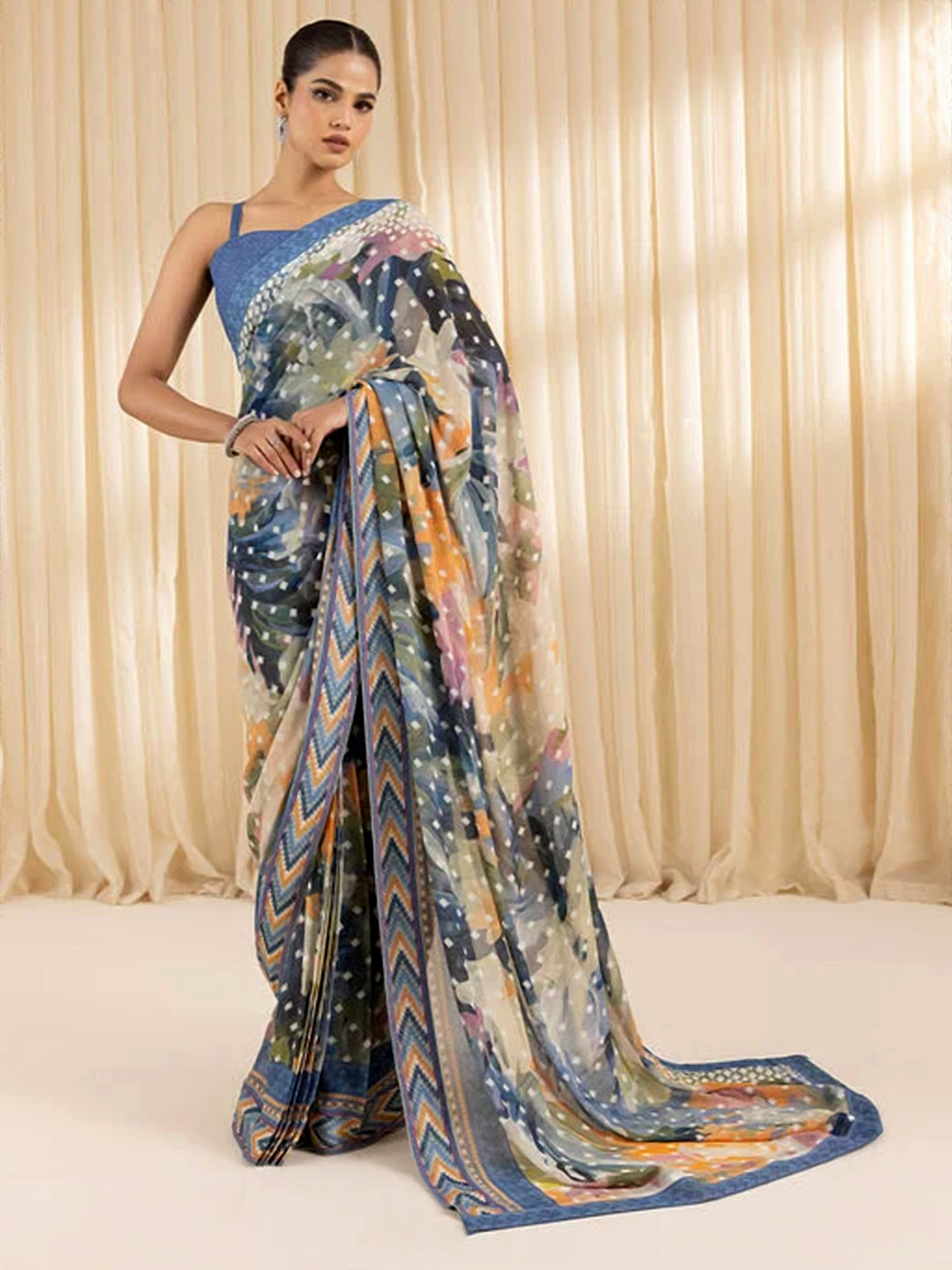 Printed Chevron Silk Blend Saree - Multicolor Geometric Saree