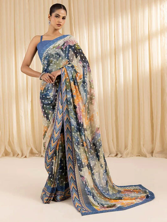 Printed Chevron Silk Blend Saree - Multicolor Geometric Saree