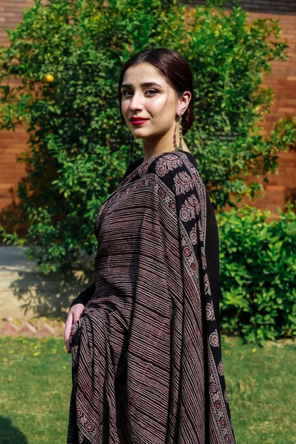 Brown Striped Ajrakh Printed Silk Blend Saree