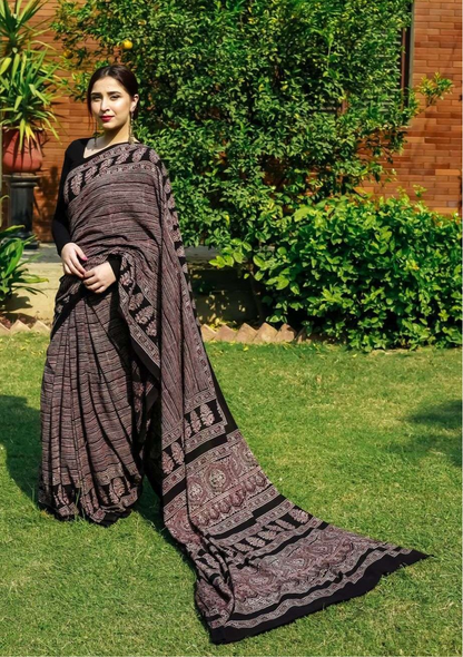 Brown Striped Ajrakh Printed Silk Blend Saree