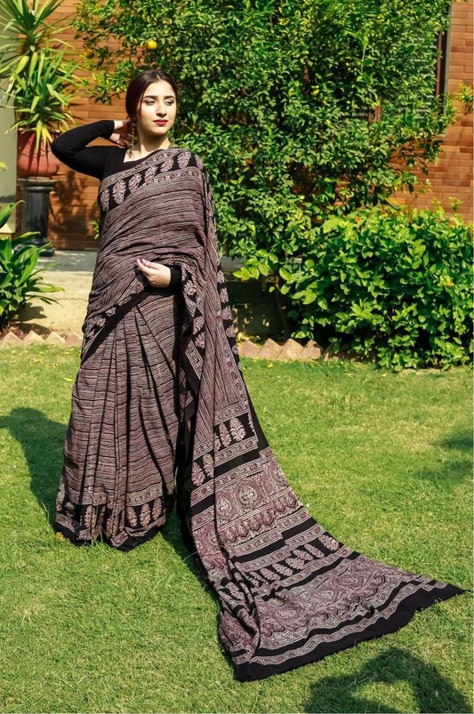 Brown Striped Ajrakh Printed Silk Blend Saree
