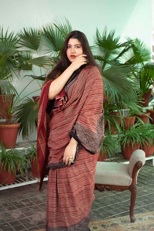 Maroon Ajrakh Printed Silk Blend Saree