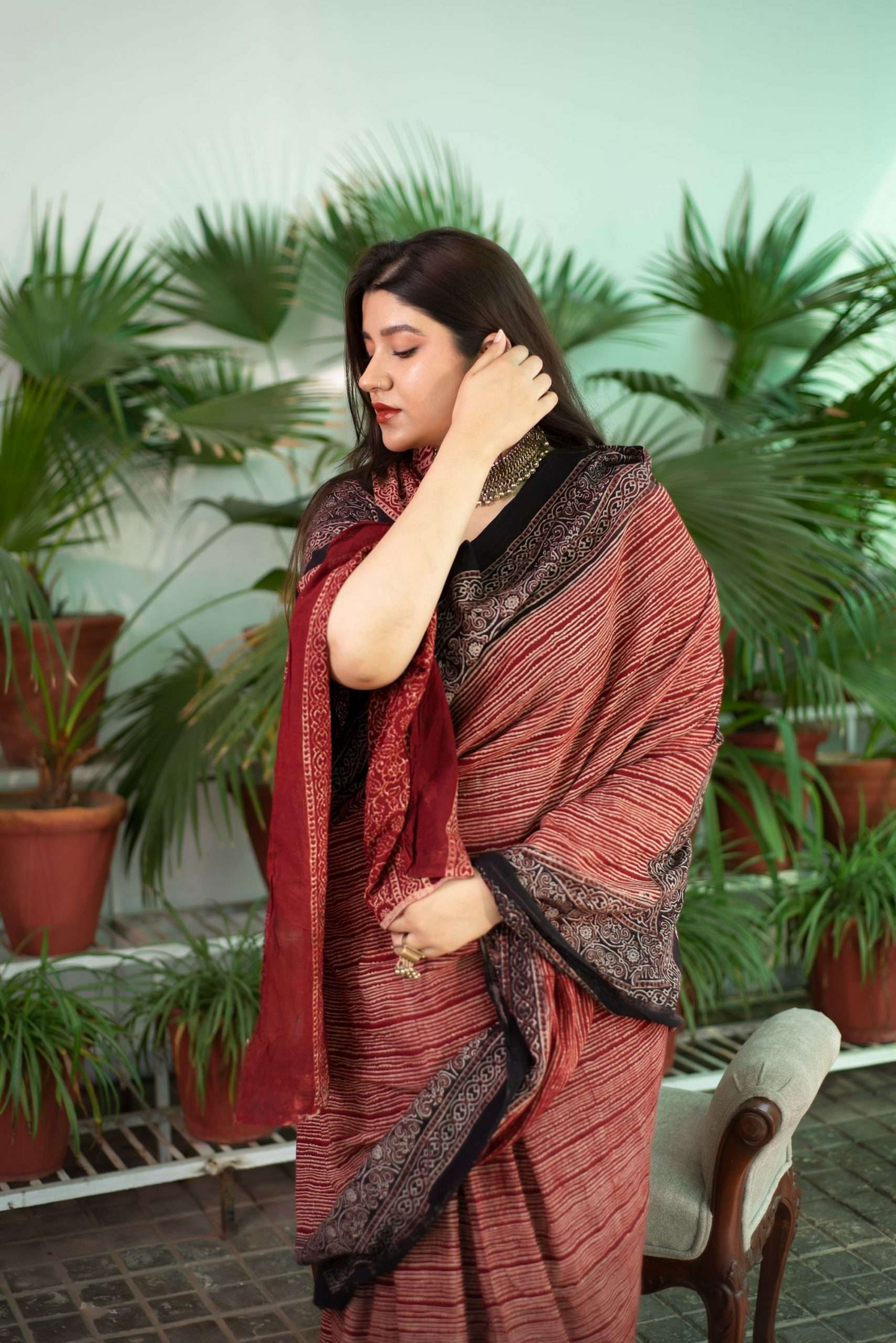 Maroon Ajrakh Printed Silk Blend Saree