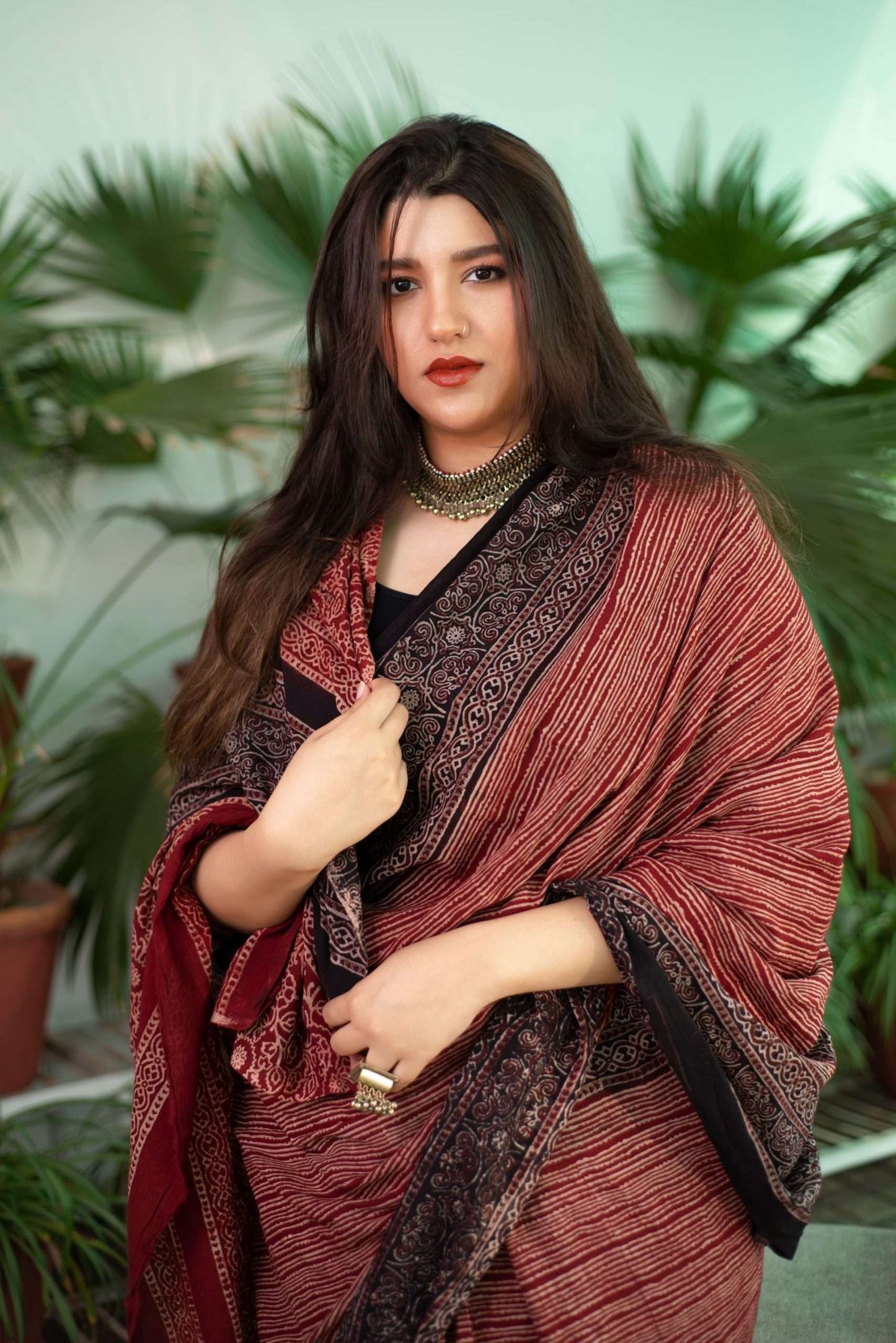 Maroon Ajrakh Printed Silk Blend Saree