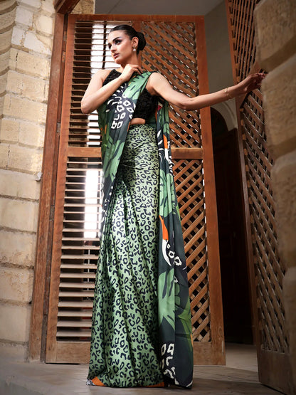 Bold Green Leopard Print Satin Silk Saree - Animal Print Designer Drape