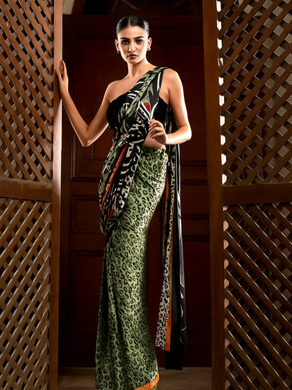 Bold Green Leopard Print Satin Silk Saree - Animal Print Designer Drape