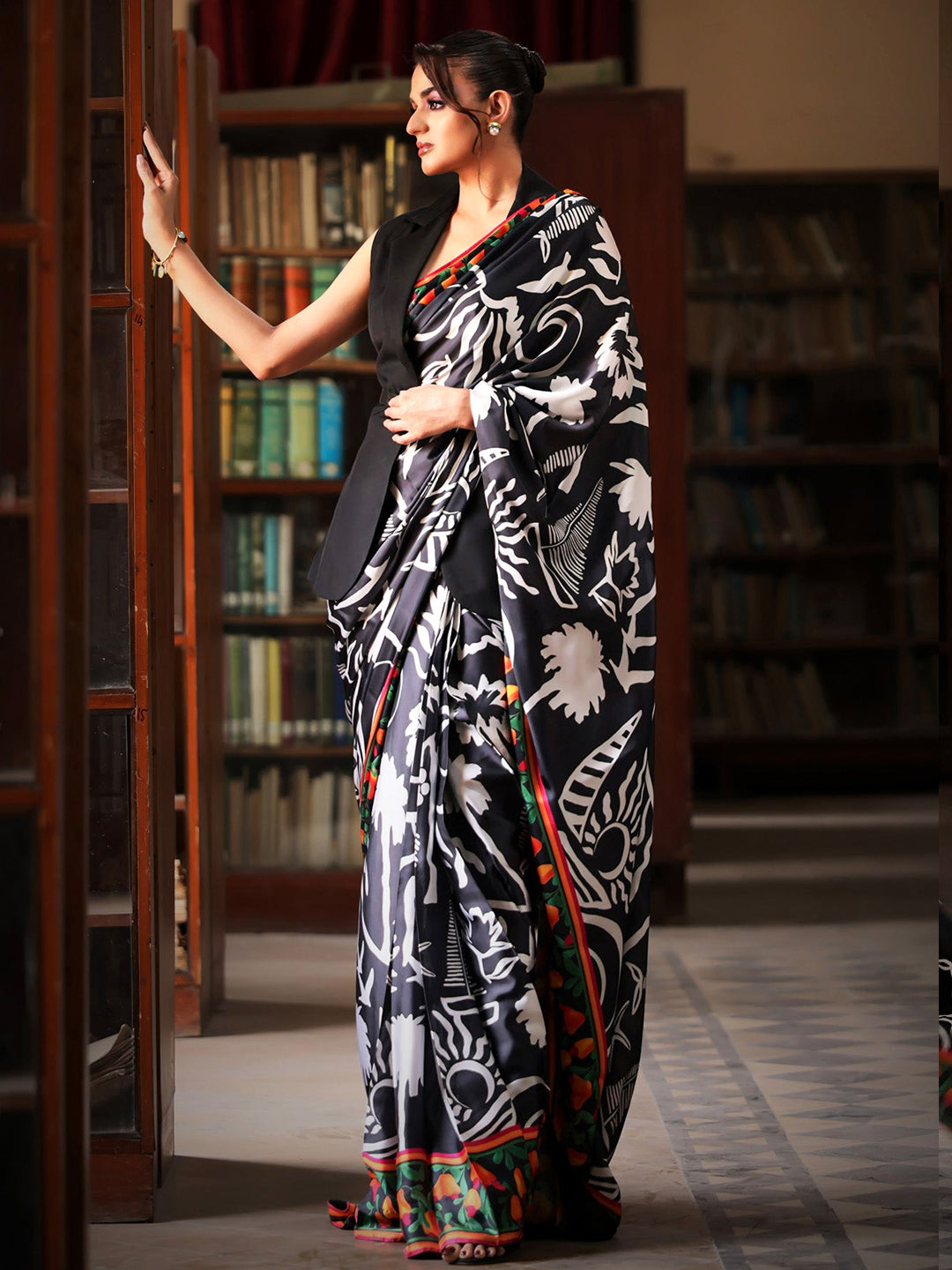 Black and White Floral Silk Blend Saree