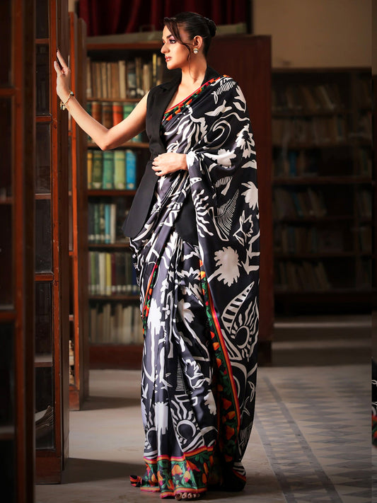 Black and White Floral Silk Blend Saree