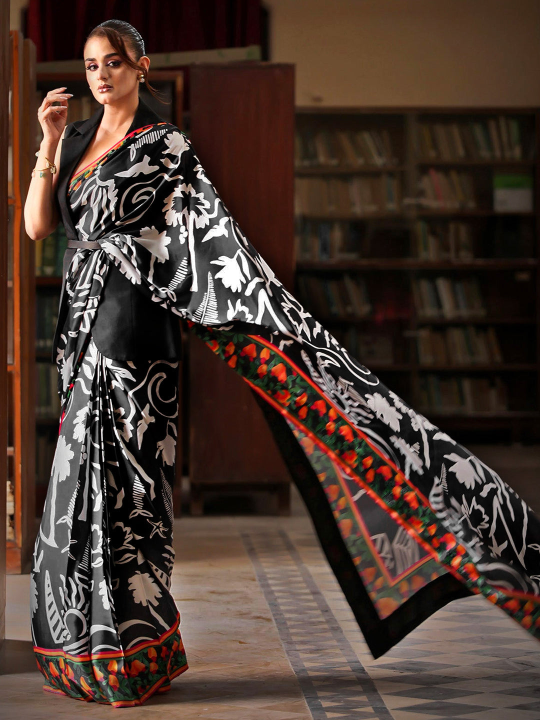 Black and White Floral Silk Blend Saree