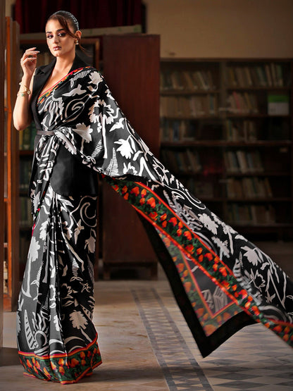 Black and White Floral Silk Blend Saree