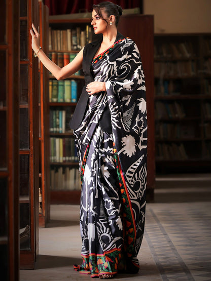 Black and White Floral Silk Blend Saree
