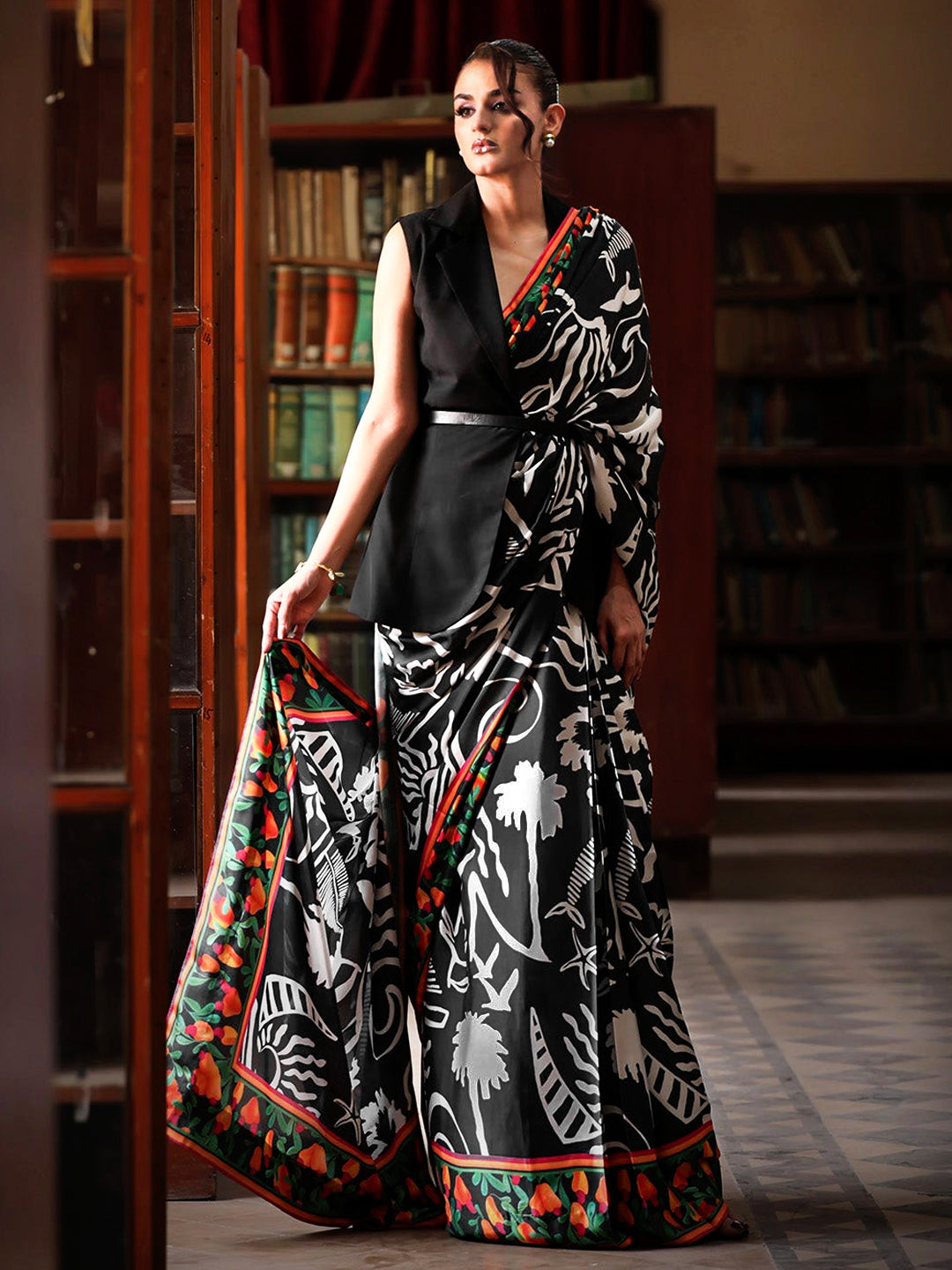 Black and White Floral Silk Blend Saree