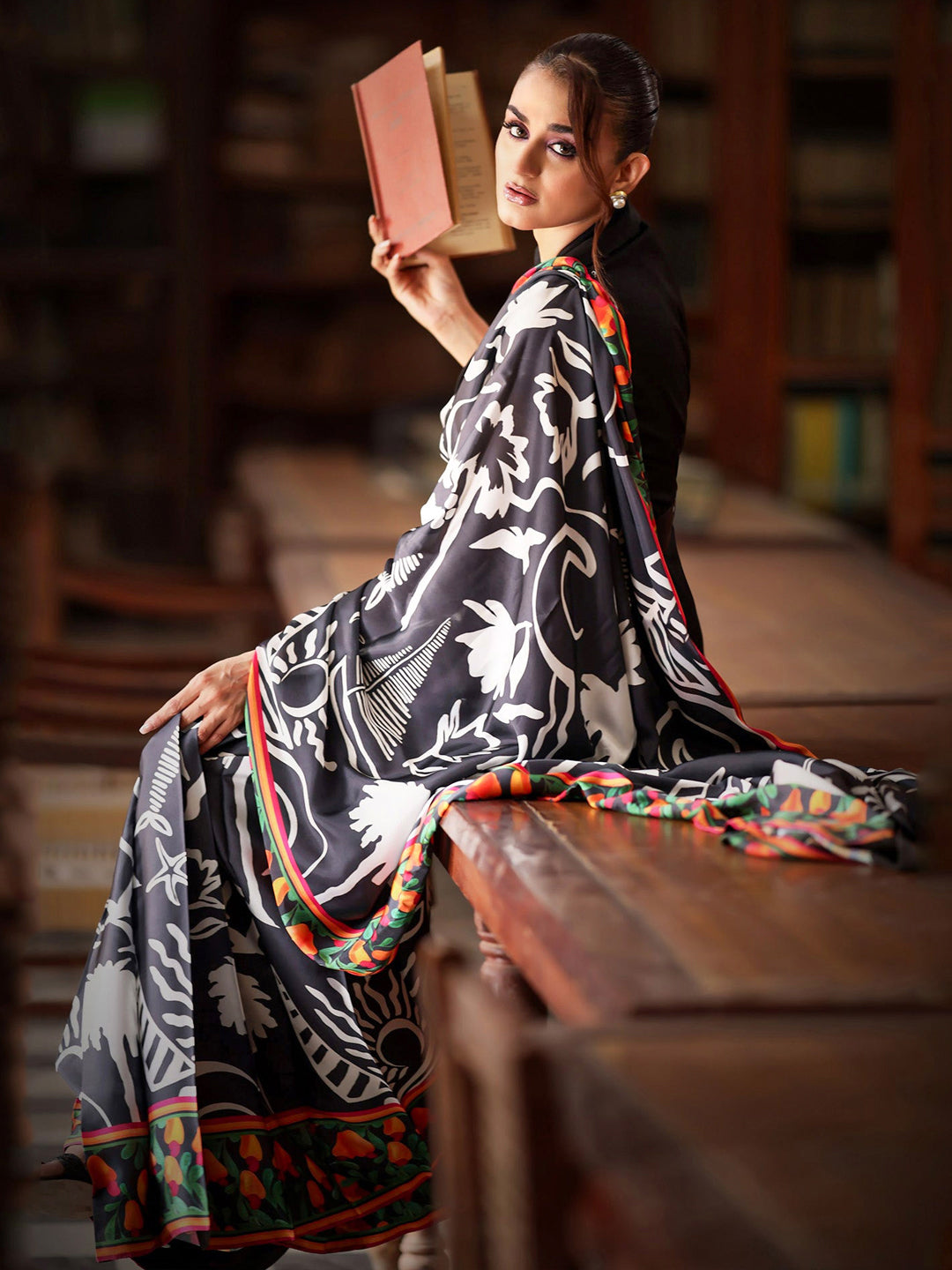 Black and White Floral Silk Blend Saree