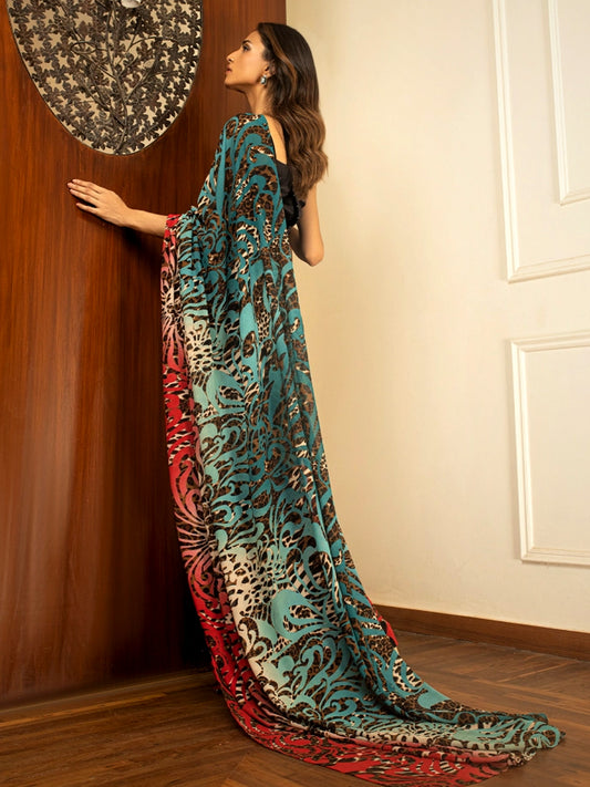 Turquoise Red Leopard Print Silk Blend Saree