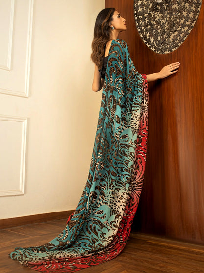 Turquoise Red Leopard Print Silk Blend Saree