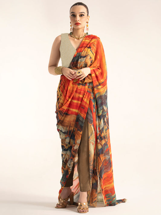 Multicolor Abstract Print Silk Blend Saree