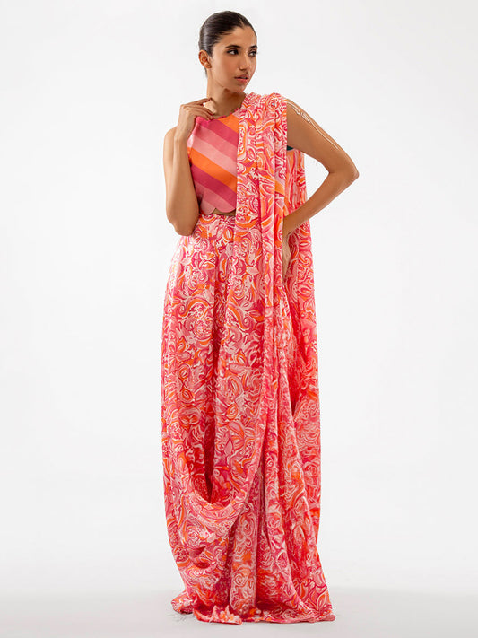 Pink Orange Paisley Print Silk Blend Saree