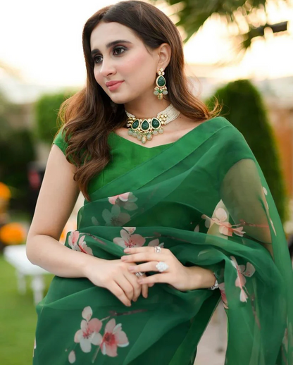 Green Floral Organza Saree - with Unstitched Blouse Piece