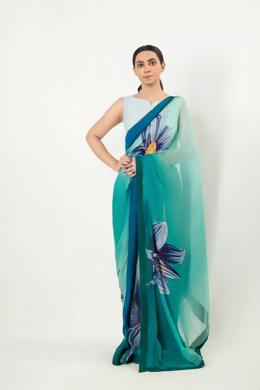 Turquoise Blue Floral Silk Blend Saree - Designer Printed Saree