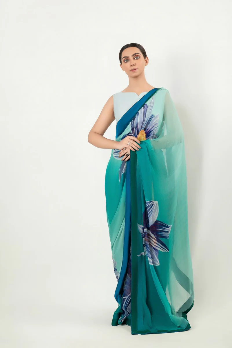 Turquoise Blue Floral Silk Blend Saree - Designer Printed Saree