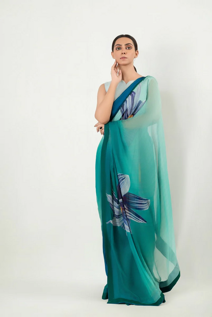 Turquoise Blue Floral Silk Blend Saree - Designer Printed Saree